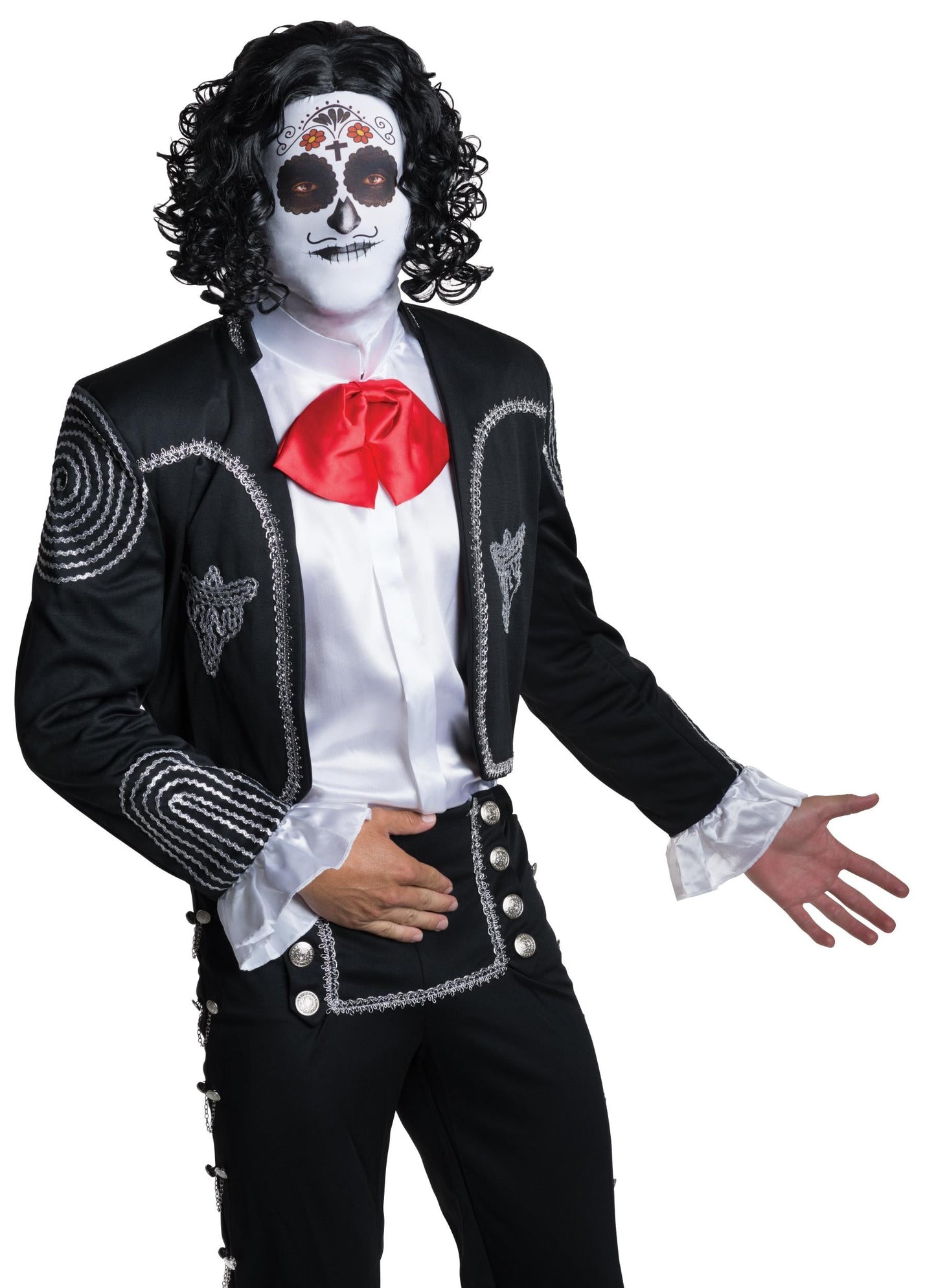 Adult Fabric Men's Day Of The Dead Male Mask with Attached Black Curly Wig