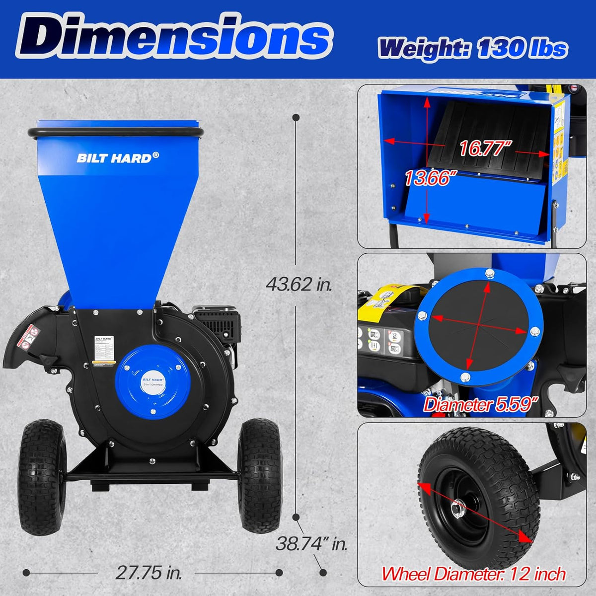 BILT HARD 224cc 7.5hp Gas Powered Wood Chipper with Tow Hitch