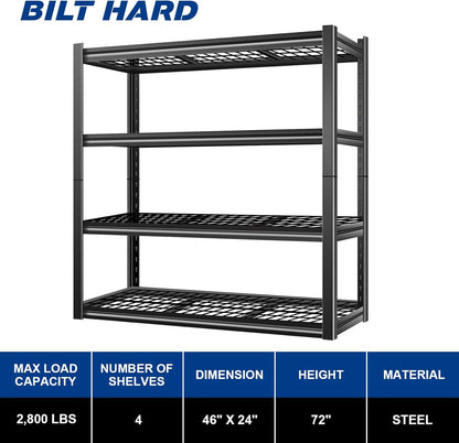 BILT HARD 46" W x 24" D x 72" H Heavy Duty Garage Shelving, 4-Tier Industrial Metal Shelving Units with Adjustable Shelf, Steel Utility Shelves for Warehouse, Garage, Black
