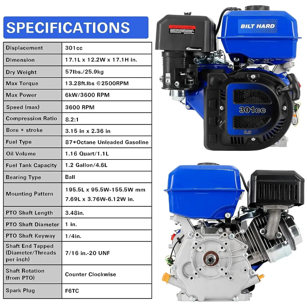 301cc 10HP Gas Powered Engine, Horizontal 4 Stroke OHV Gas Motor, Shaft 1" Diameter, 3.48" Length, 1/4" Keyway