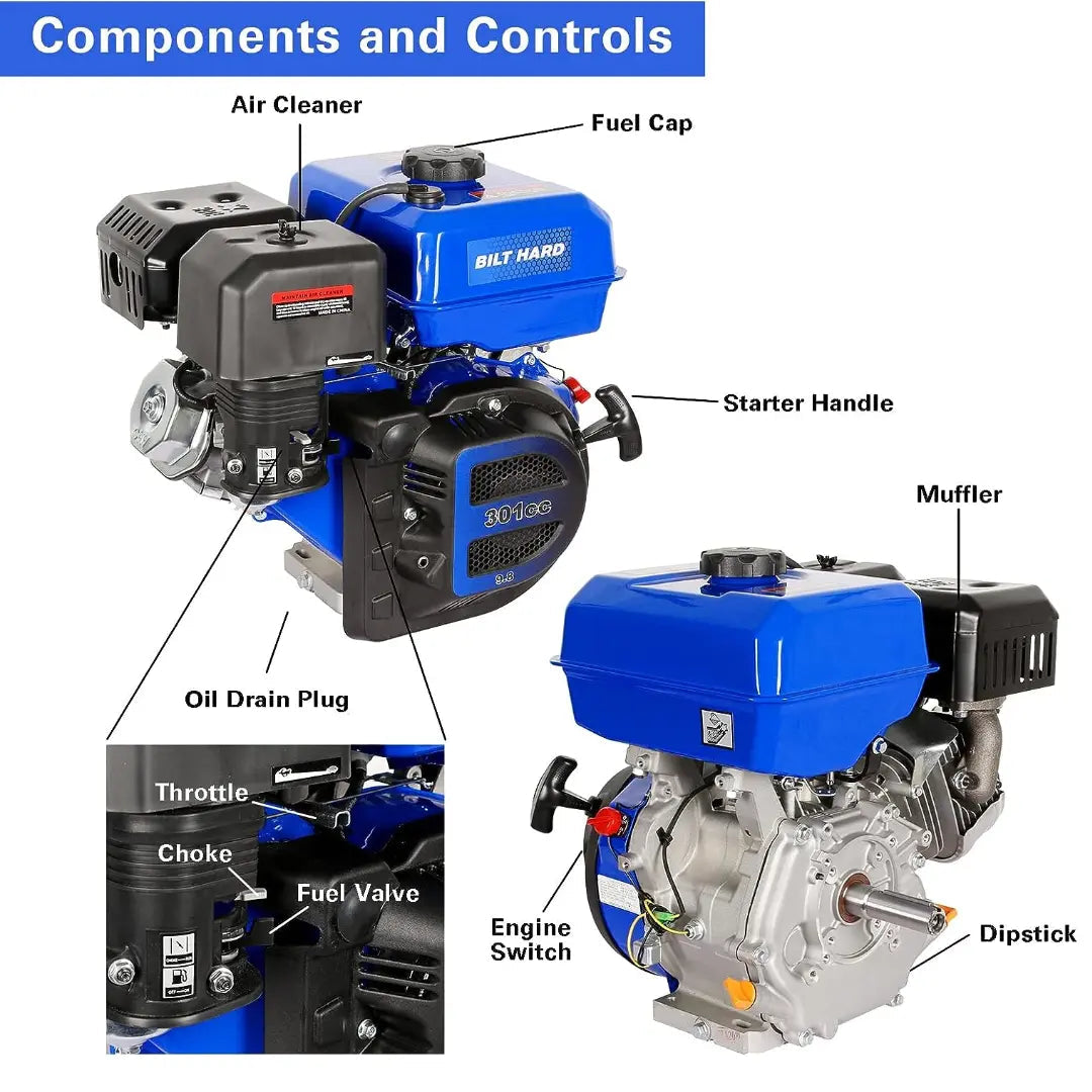 301cc 10HP Gas Powered Engine, Horizontal 4 Stroke OHV Gas Motor, Shaft 1" Diameter, 3.48" Length, 1/4" Keyway