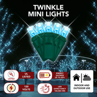 LED Mini Lights 5MM Aqua Twinkle Green Wire - 6" Spacing