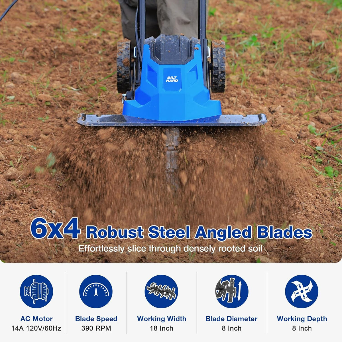 BILT HARD 18" Electric Garden Tiller & Cultivator, 14-Amp Corded Rototiller with 6 Steel Tines, Adjustable Wheels, Foldable Handle, 8-Inch Tilling Depth for Lawn, Yard & Garden Soil