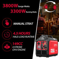 3800W/3500W Gas/Propane Dual Fuel Inverter Generator w/ CO Alert HB5040DC