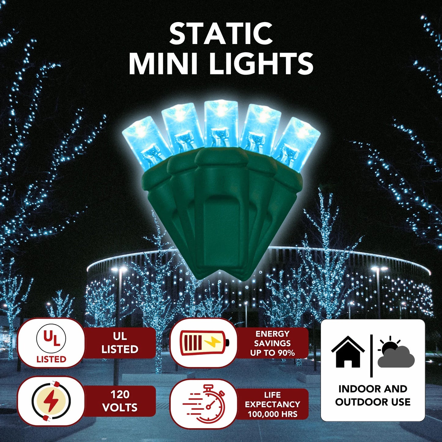 LED Mini Lights 5MM Aqua Static Green Wire - 6" Spacing