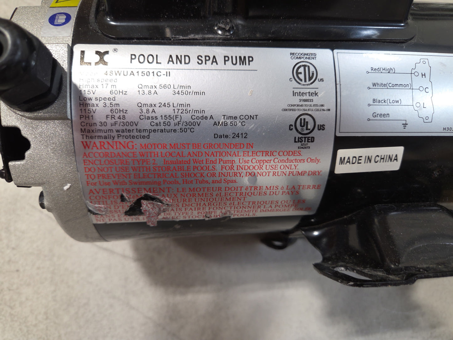 Pump, LX 48WUA, 1.5hp, 115v, 2-Spd, 48Fr, 2" - Used/Open Box