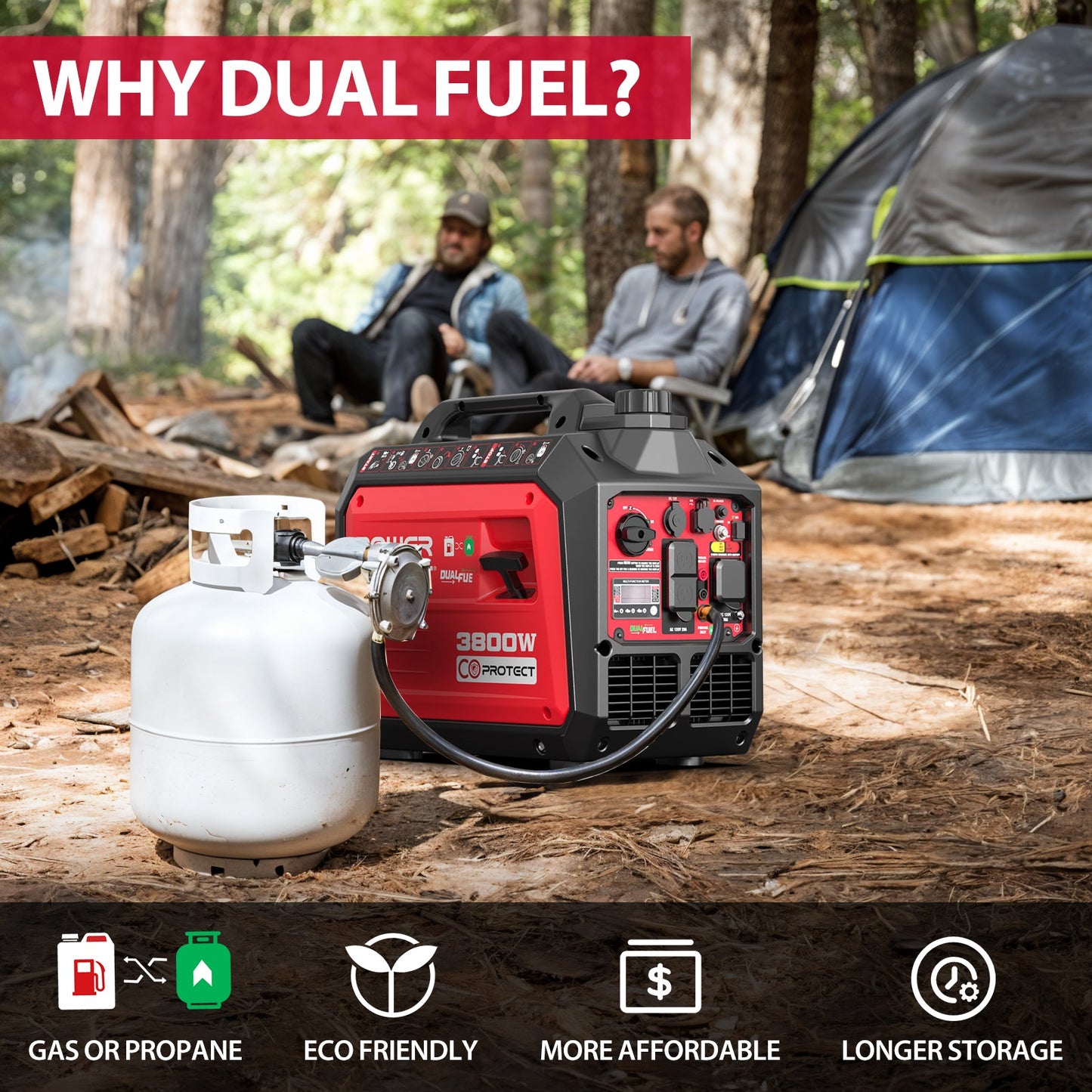 3800W/3500W Gas/Propane Dual Fuel Inverter Generator w/ CO Alert HB5040DC