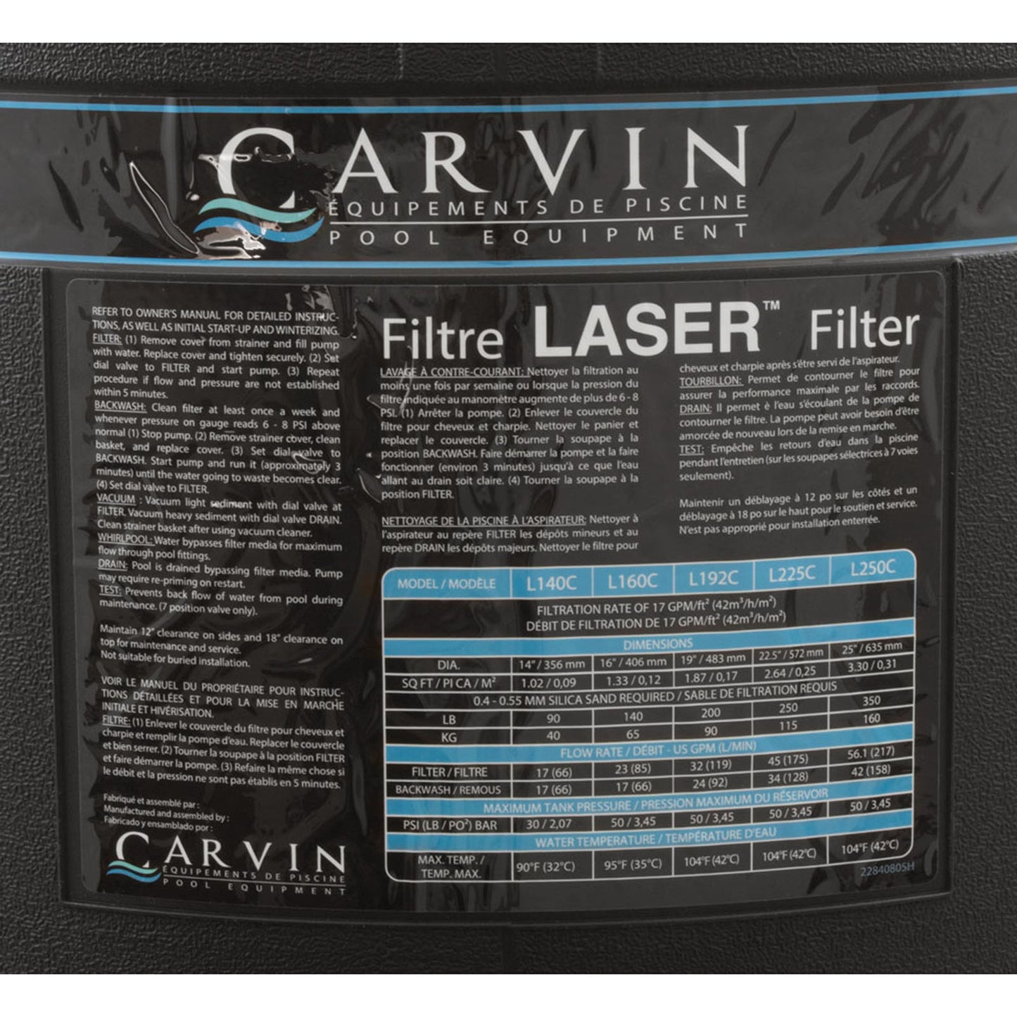 Sand Filter, Carvin Laser L192C-7C, Top Mt, 19", 1-1/2" Valve