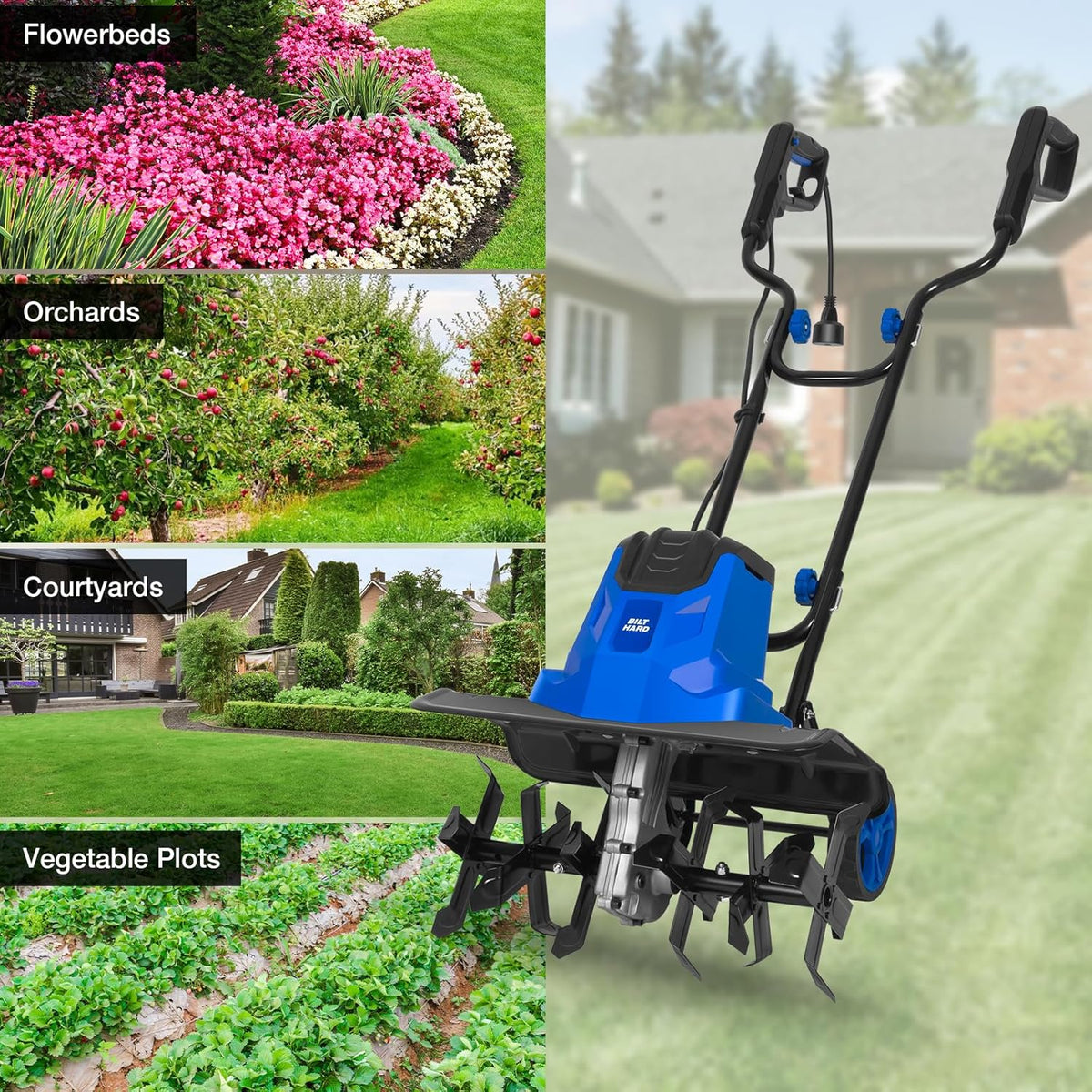 BILT HARD 18" Electric Garden Tiller & Cultivator, 14-Amp Corded Rototiller with 6 Steel Tines, Adjustable Wheels, Foldable Handle, 8-Inch Tilling Depth for Lawn, Yard & Garden Soil