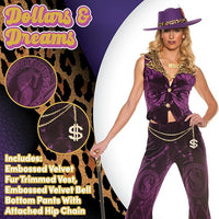 Sexy Velvet Pimp 70's Retro Disco Women Purple Dollars & Dreams Costume