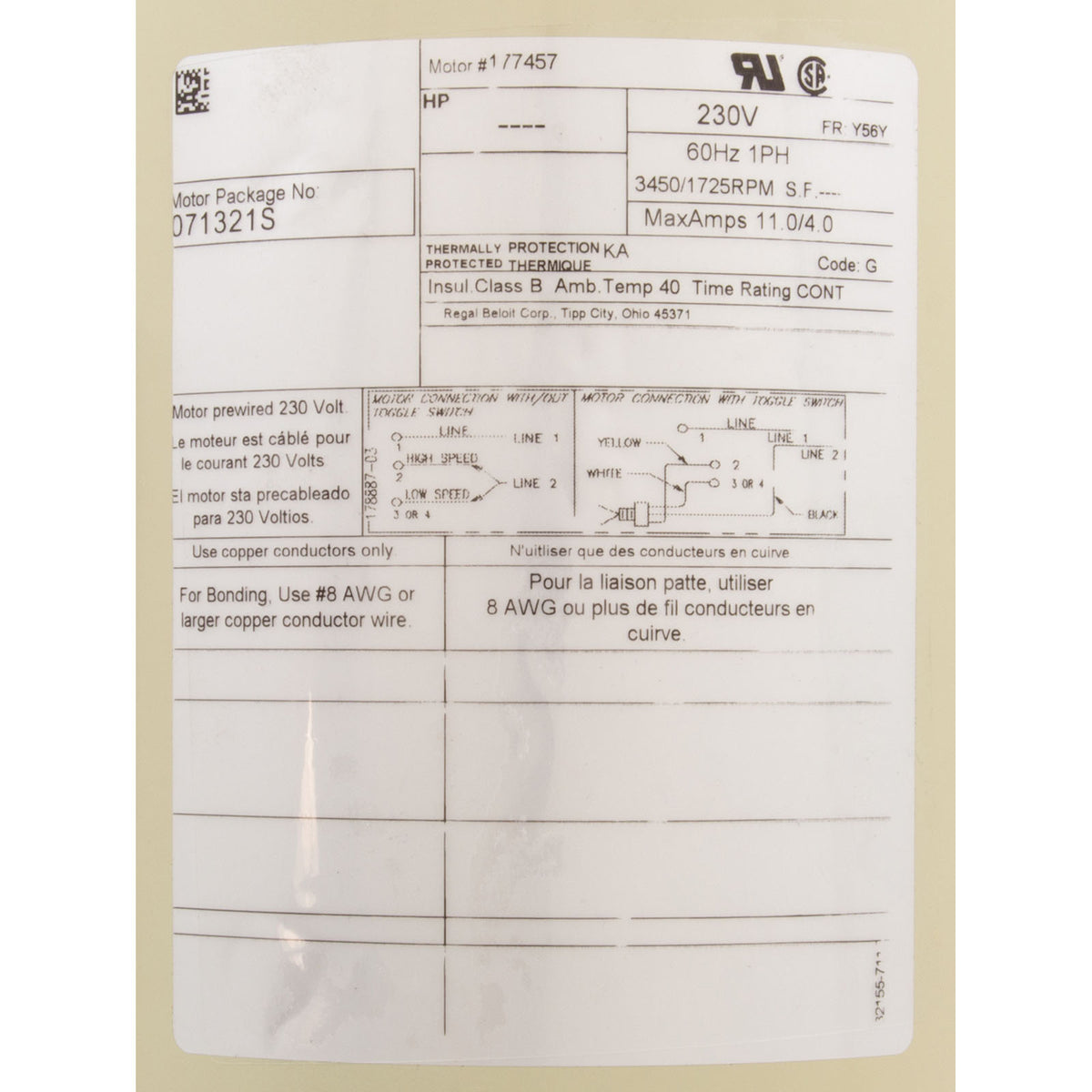 Motor Pkg w/ Switch Sqfl 2Hpf 2.5A 60Hz 2Sp Almond