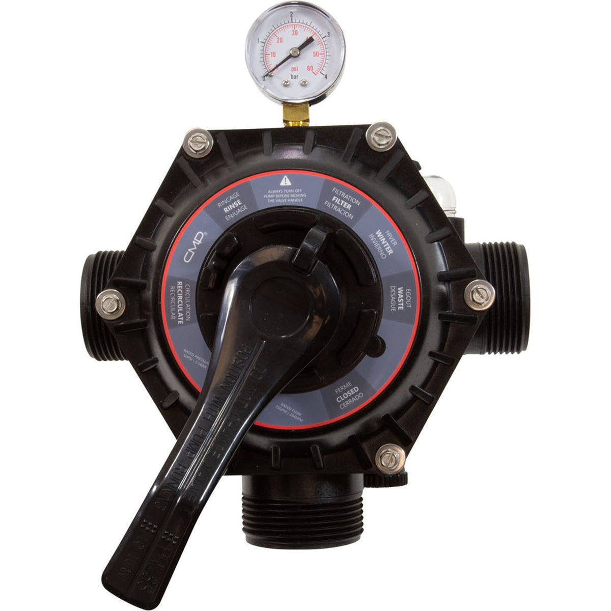 Vanne multiport 1,5 po Fpt noire T/M sable avec pince, 6 po mais