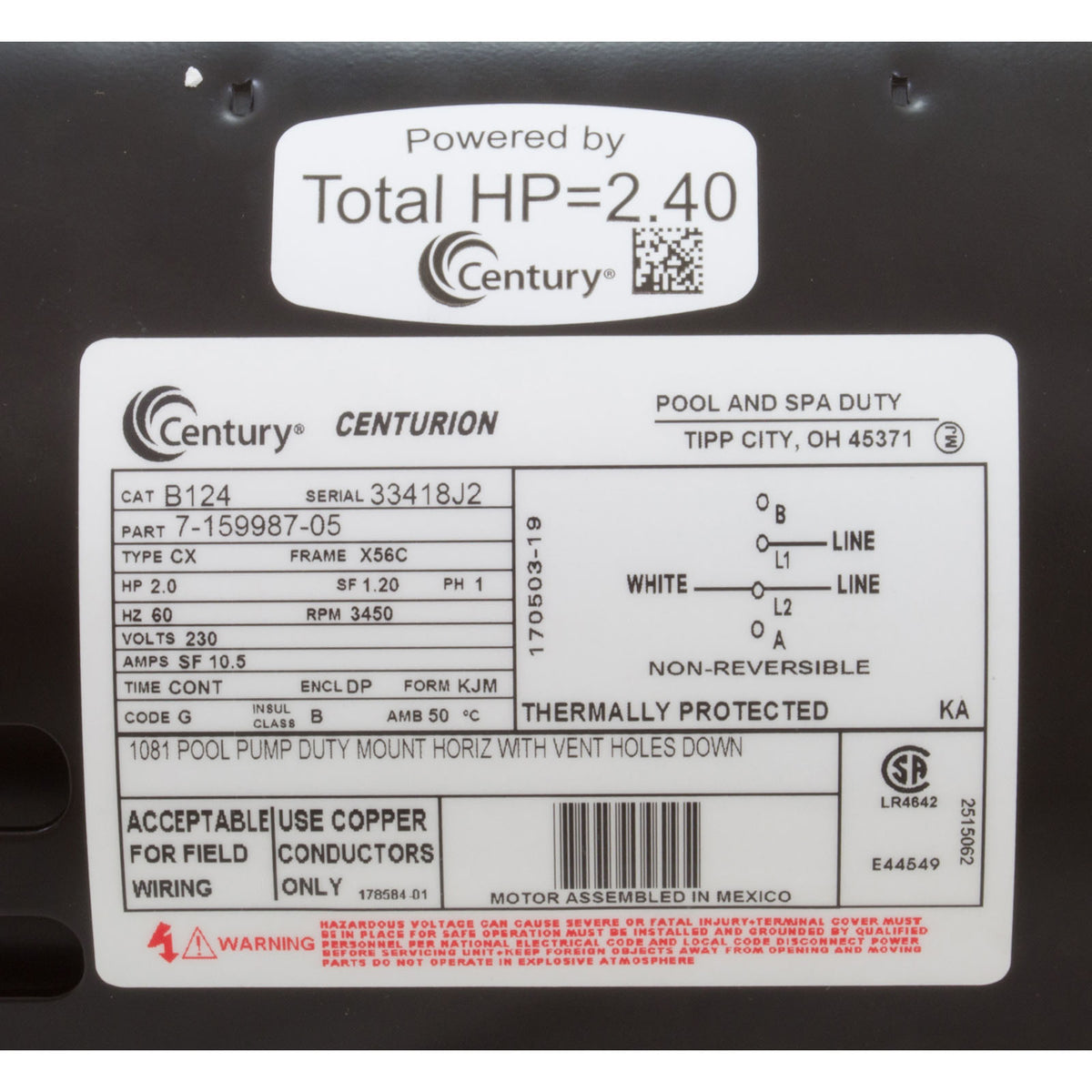 Motor, Centurion, 2Hp, Single Spd, Keyed Shaft