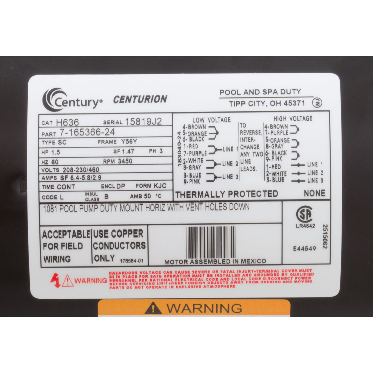 Mtr, Cent, 1.5Hp, 208-230/460V, 3Ph, 1-Sp, Sf1.5, 56Yfr 3450Rpm