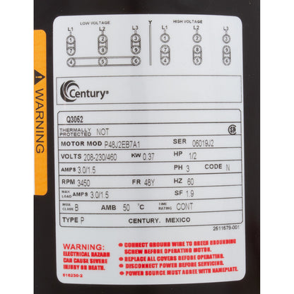 Mtr, Cent, .5Hp, 208-230/460V, 3Ph, 1-Sp, Sf1.9, 48Yfr 3450Rpm