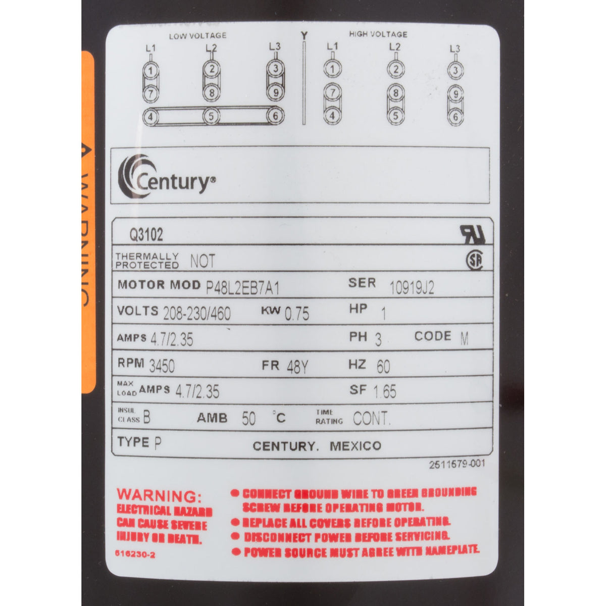 Mtr, Cent, 1Hp, 208-230/460V, 3Ph, 1-Sp, Sf1.5, 48Yfr 3450Rpm