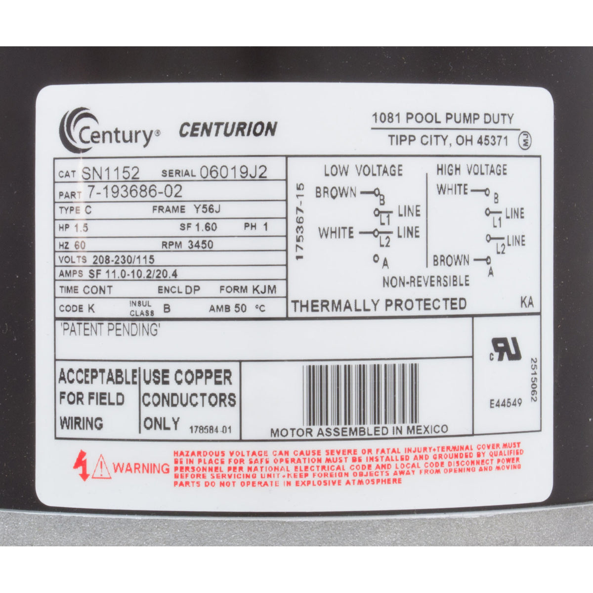 Motor, Cent, 1.5Hp, 115/208-230V, 1-Sp, Sf1.6, 56Jfr