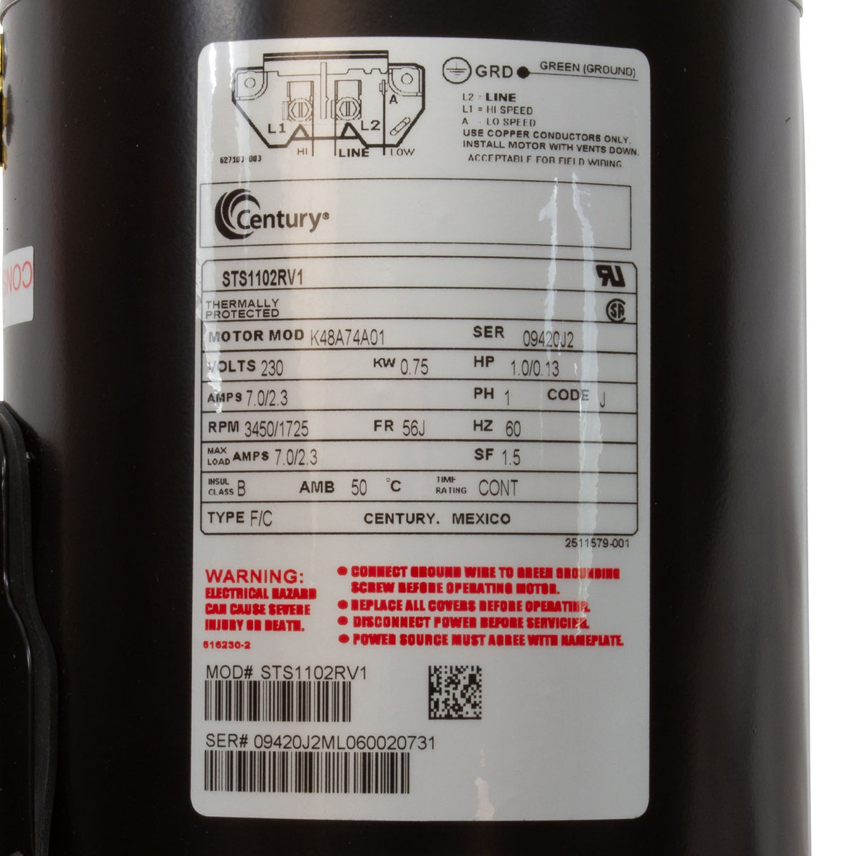 Motor, Cent, 1/.13Hp, 230V, 2-Sp, Sf1.5, 56Jfr