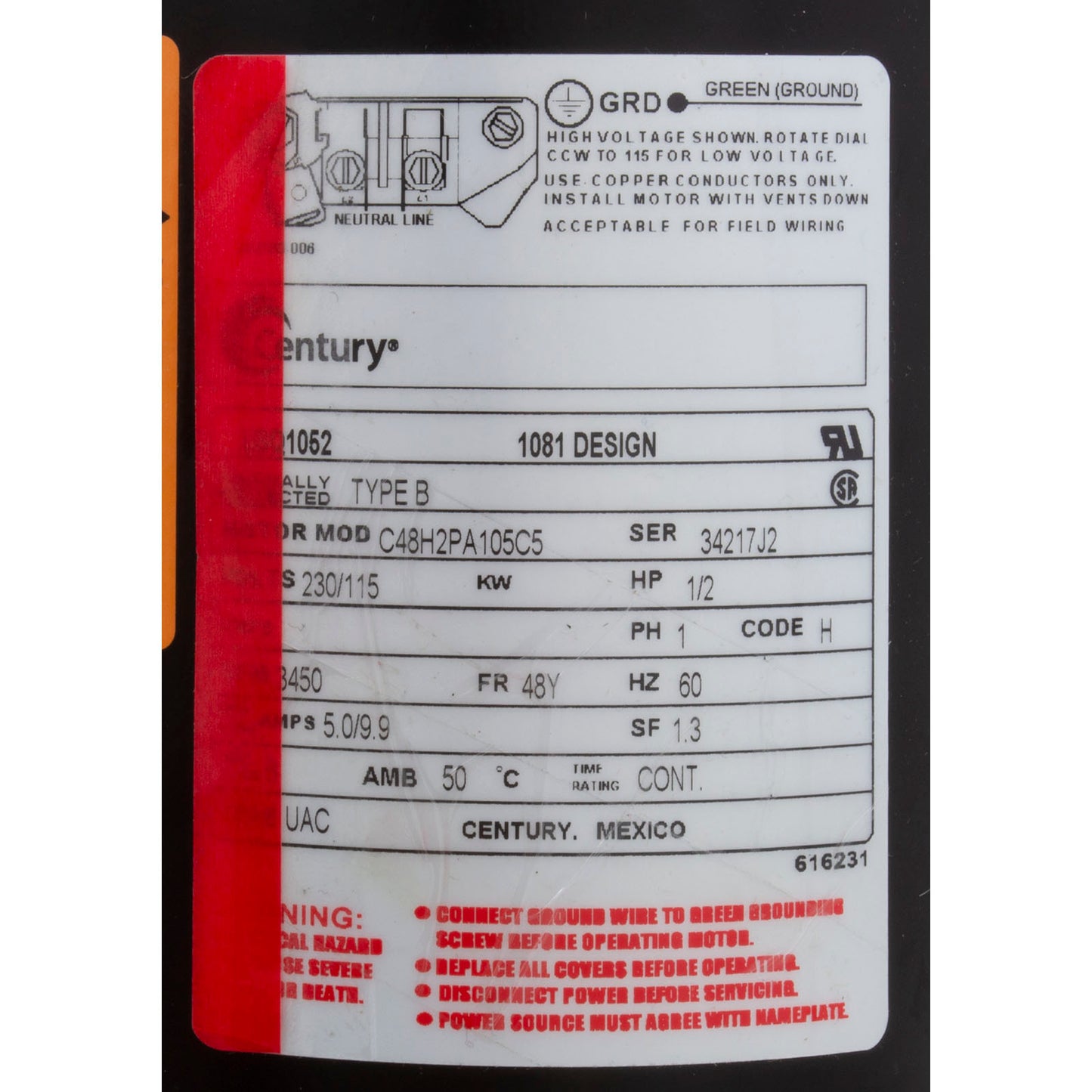 Motor, Cent, .5Hp, 115/230V, 1-Sp, Sf1.3, 48Yfr