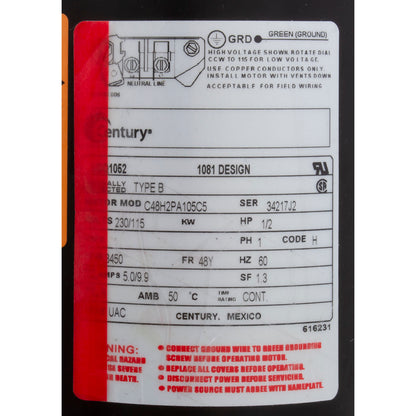 Motor, Cent, .5Hp, 115/230V, 1-Sp, Sf1.3, 48Yfr