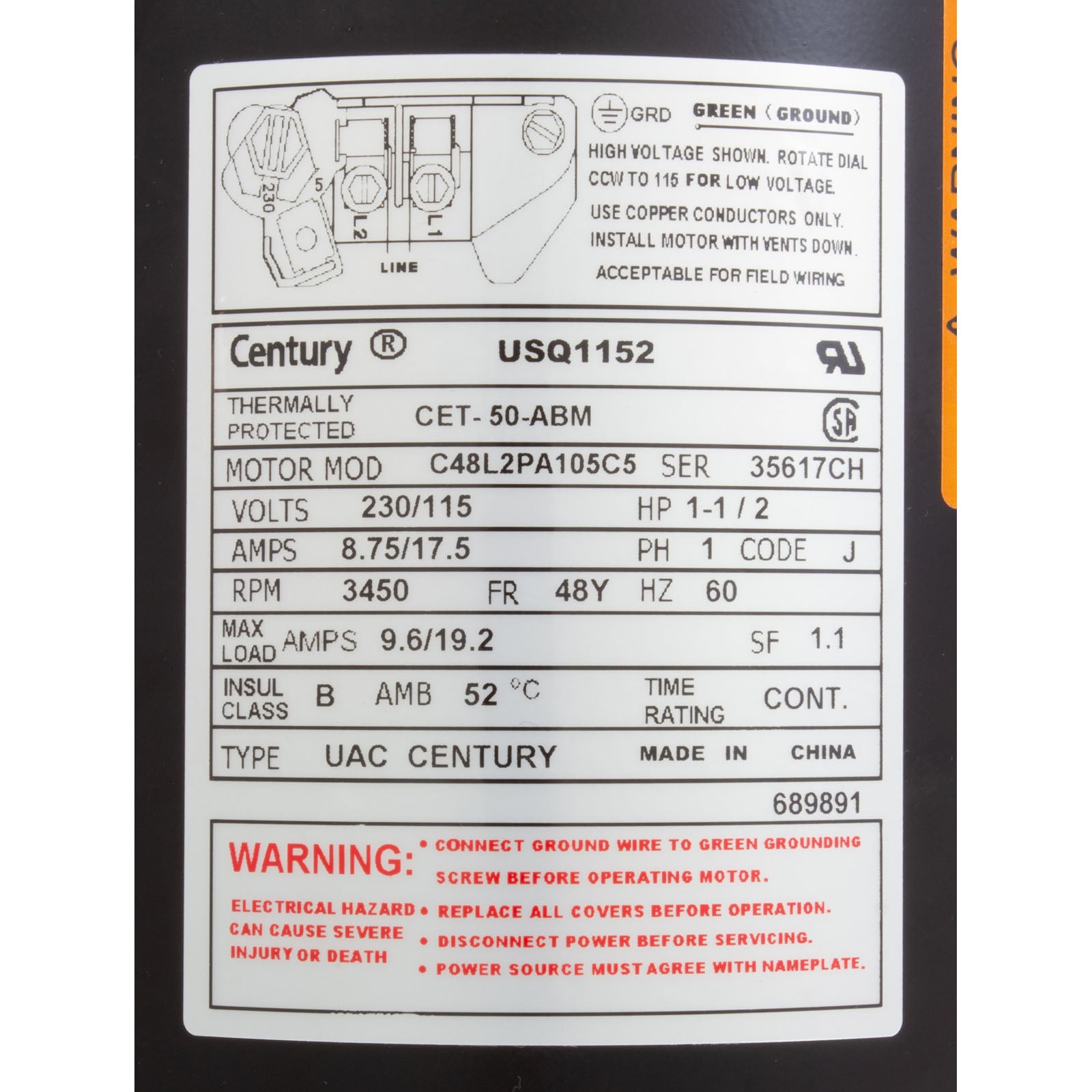 Motor, Cent, 1.5Hp, 115/230V, 1-Sp, Sf1.1, 48Yfr
