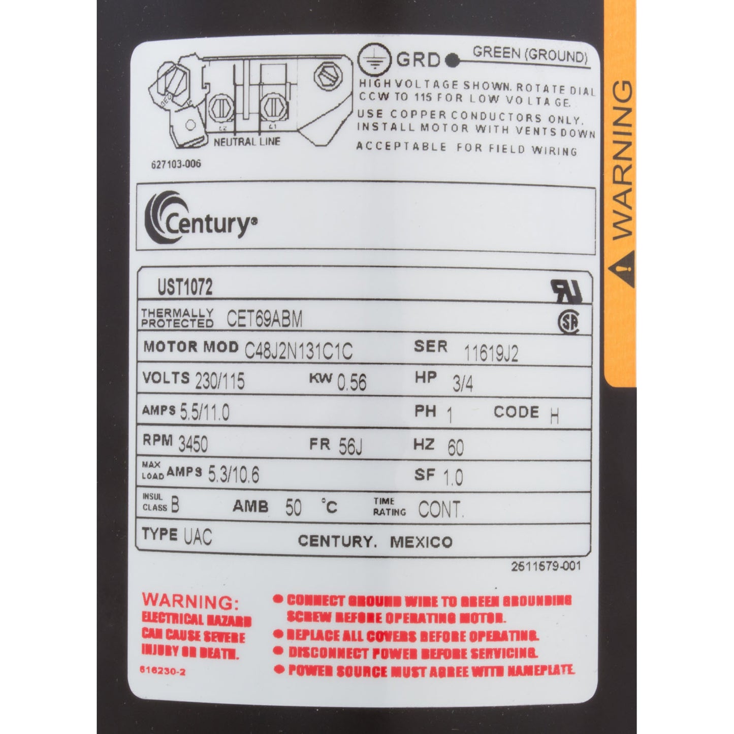 Mtr, Cent, .75Hp, 115/230V, 1-Sp, Sf1, 56Jfr