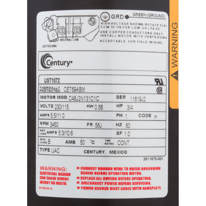 Mtr, Cent, .75Hp, 115/230V, 1-Sp, Sf1, 56Jfr