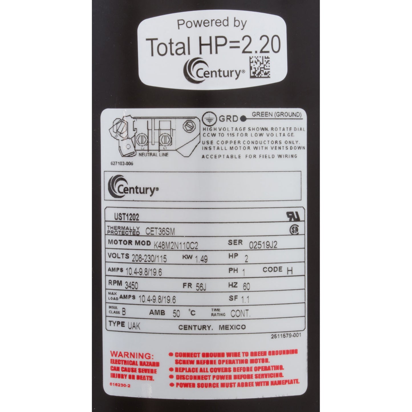 Motor, Cent, 2 HP, 230 V, 1 vel, SF1.1, 56 Jfr