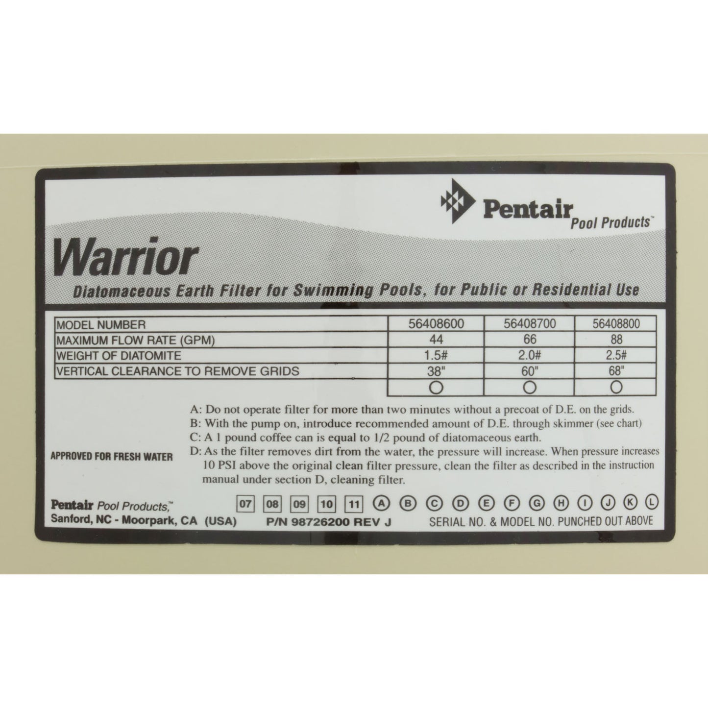 Couvercle de réservoir, Pentair American Products Warrior 44/88, amande
