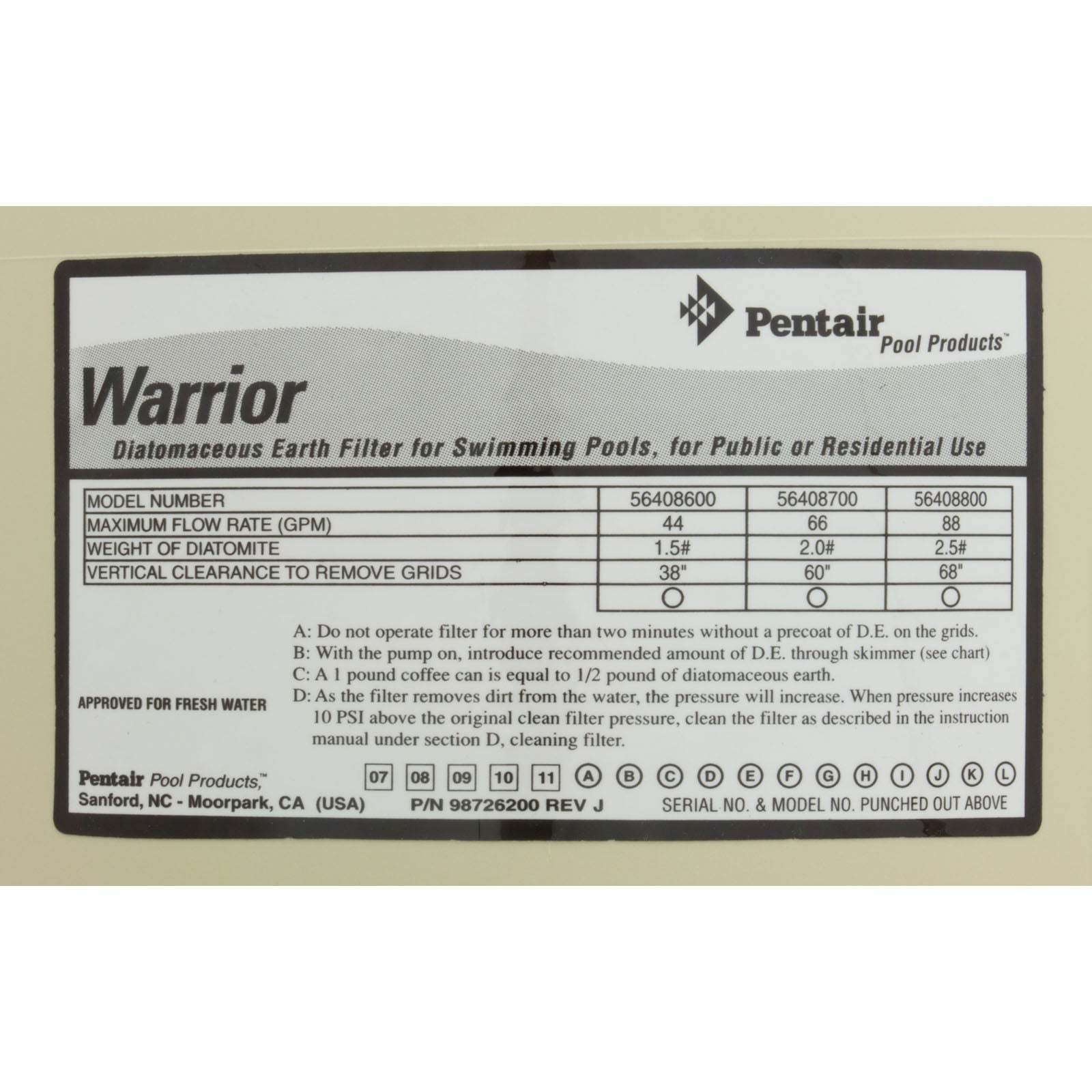 Tank Lid, Pentair American Products Warrior 44/88, Almond