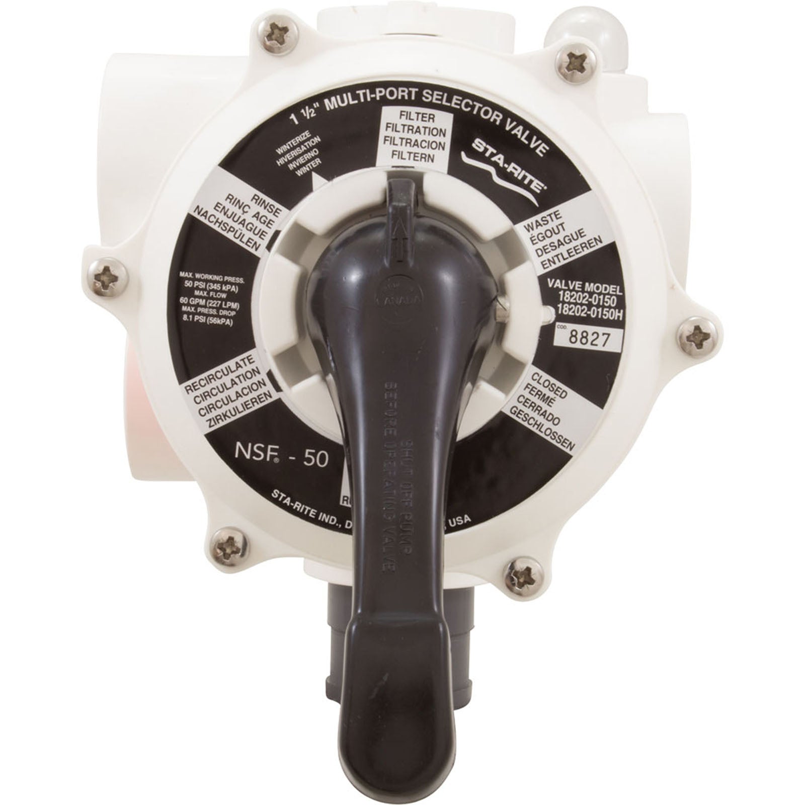 Multiport Valve, Sta-Rite Pentair 1-1/2" Side Mount, 6 Pos
