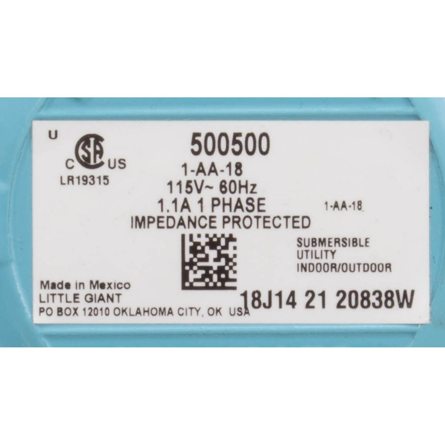 Pump, Submersible, Little Giant, 170 GPH, 70W, 18' Cord
