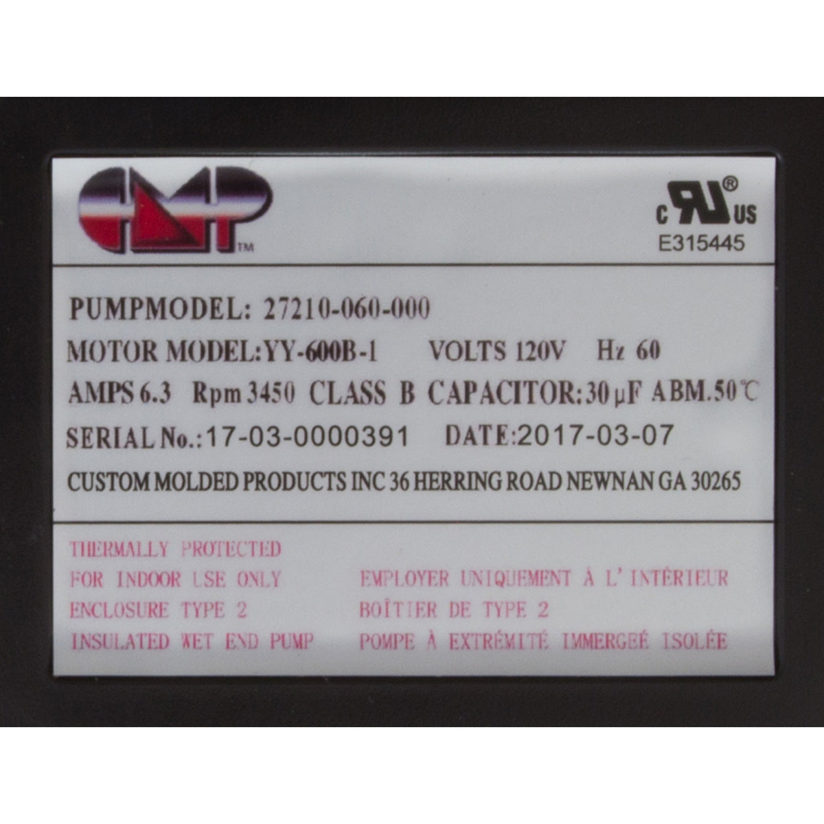Pump, Bath, CMP Nexxus, 115v, 1-1/2"mbt, 6.3A, Nema Cord, OEM, AS