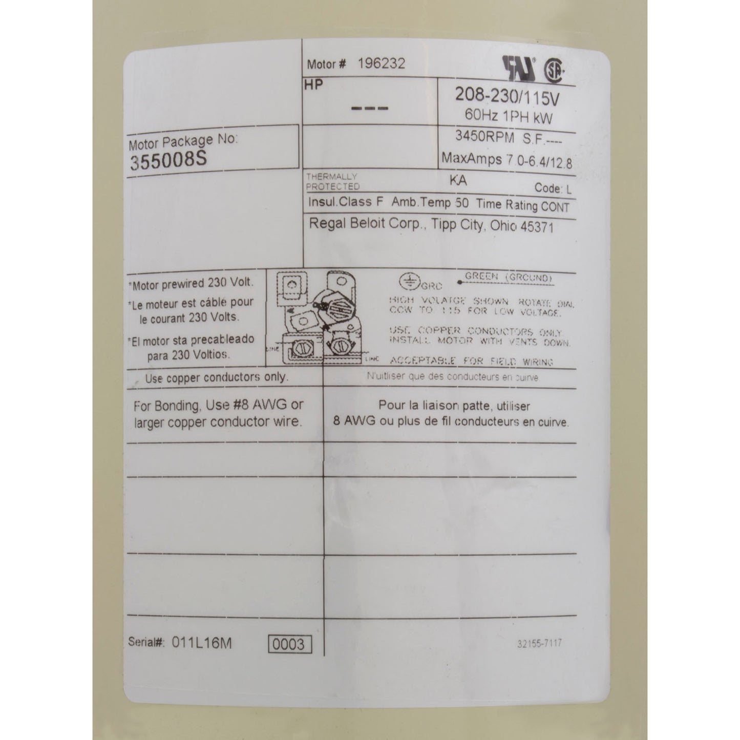 Moteur, Pentair SF/WF, 0,75 ch, 115/208-230 V, 1 vitesse, SQFL, EE, complet