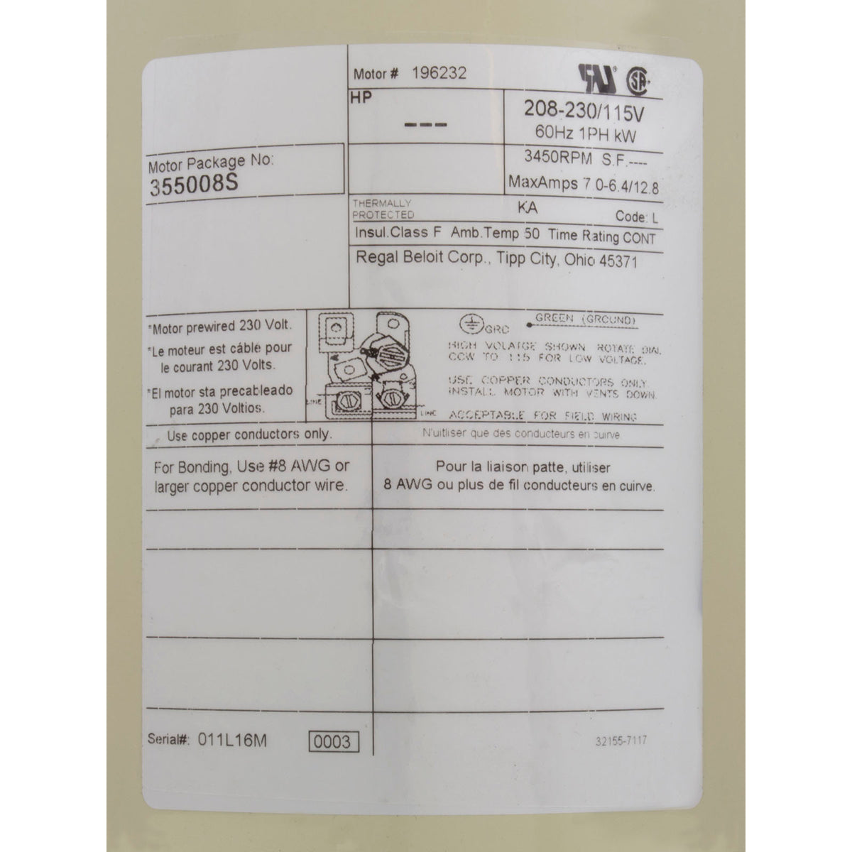 Motor, Pentair SF/WF, 0.75hp, 115/208-230v, 1-Spd, SQFL, EE, Full