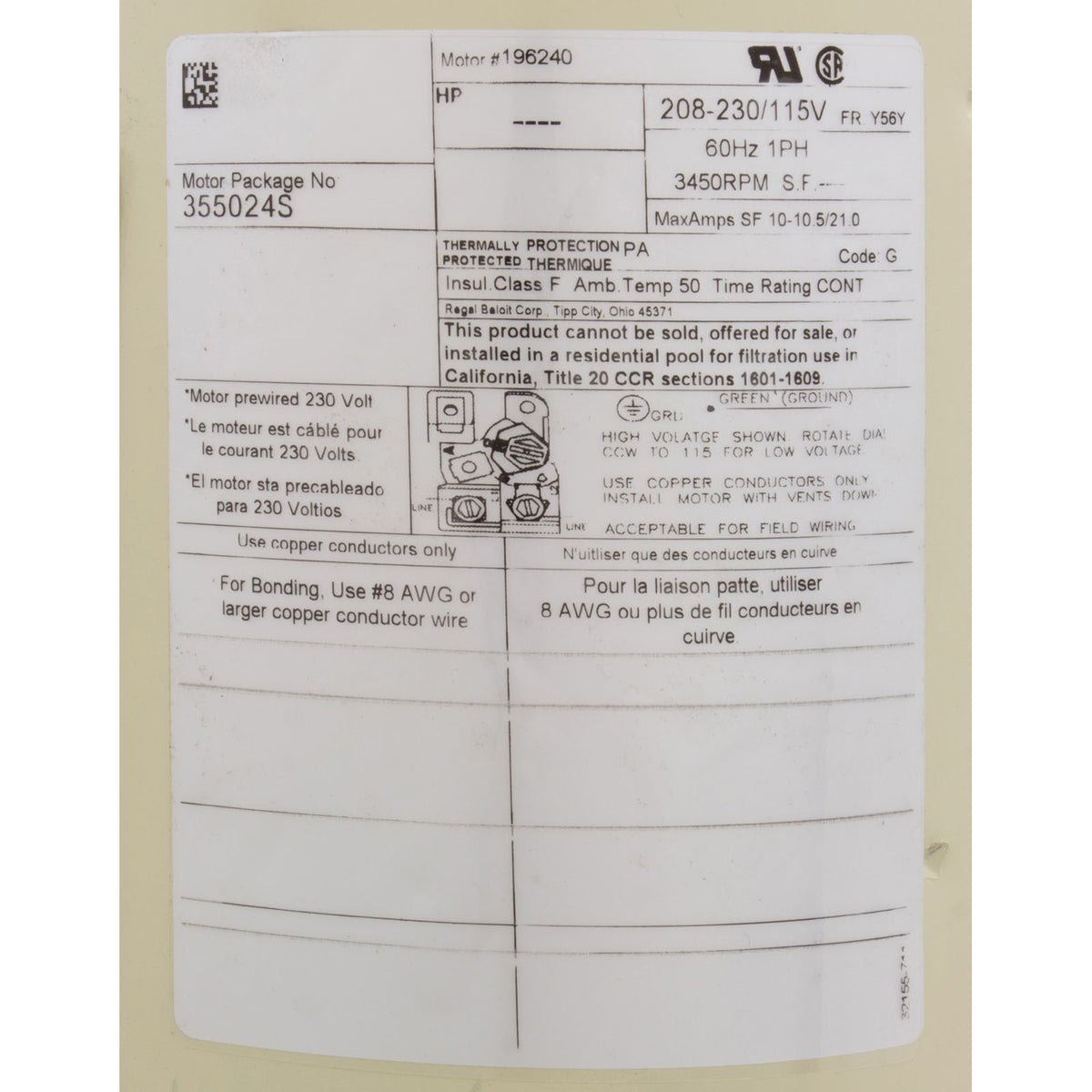 Motor, Pentair WF/SF, 1.5hp, 115v/208-230v, 1-Spd, 56Y SQFL, Full