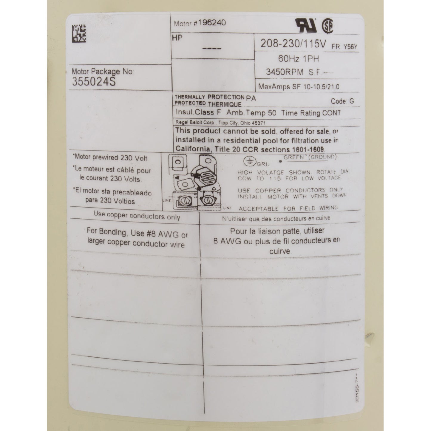 Motor, Pentair WF/SF, 1.5hp, 115v/208-230v, 1-Spd, 56Y SQFL, Full