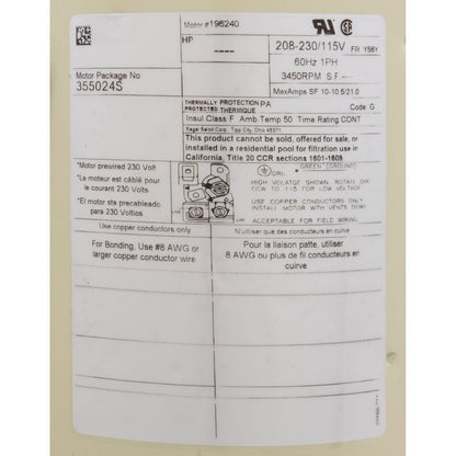 Motor, Pentair WF/SF, 1.5hp, 115v/208-230v, 1-Spd, 56Y SQFL, Full