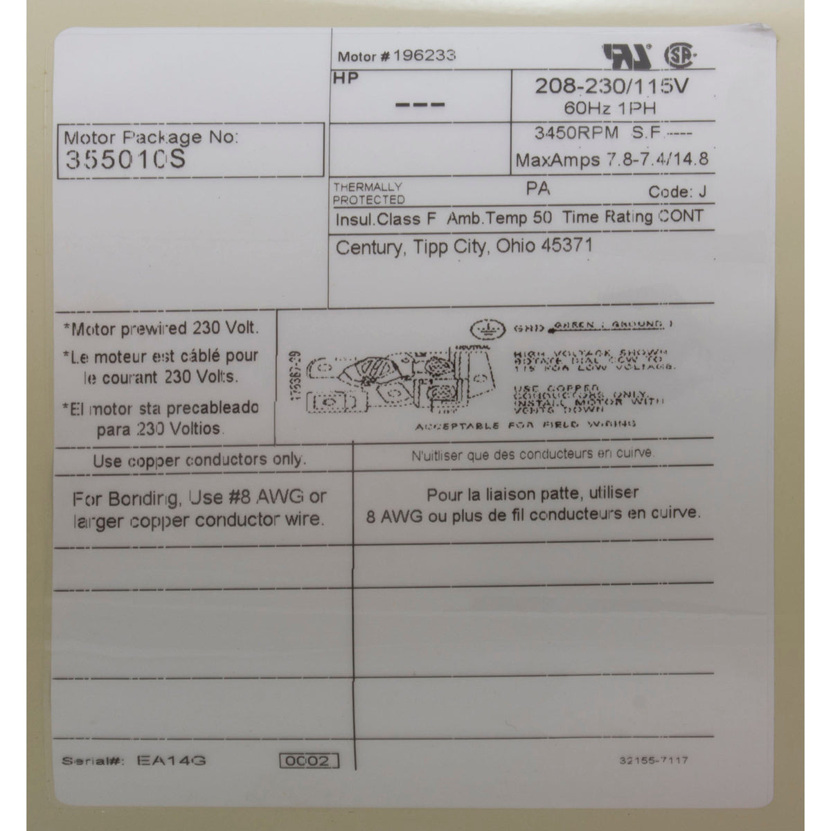 Motor, Pentair SF/WF, 1.0hp, 115v/208-230v, 1-Spd, SQFL, EE, Full