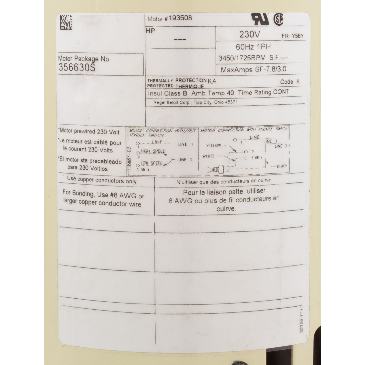 Motor, Pentair SF/WF, 1.5hp, 230v, 2-Spd, SQFL, 56YFr, Uprated