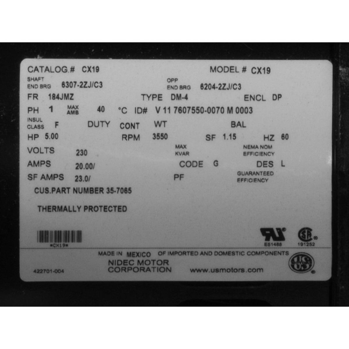 Motor, Nidec, 5.0 Horsepower, 230v, 1 Speed, EQ Series, Pool