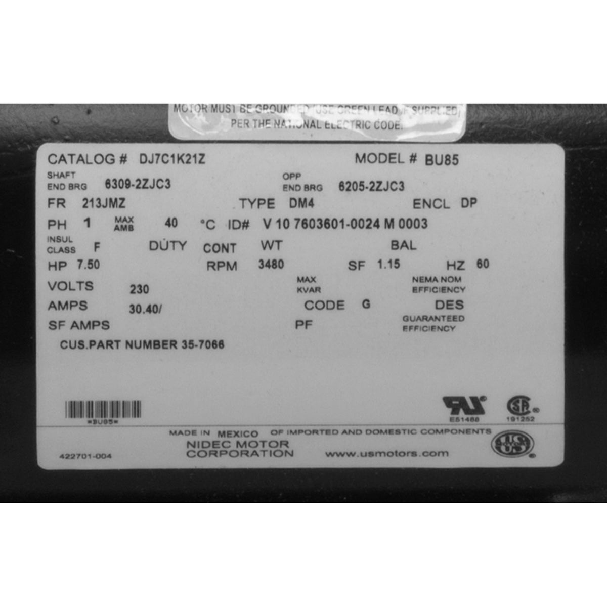 Motor, Nidec, 7.5 Horsepower, 230v, 1 Speed, EQ Series, Pool