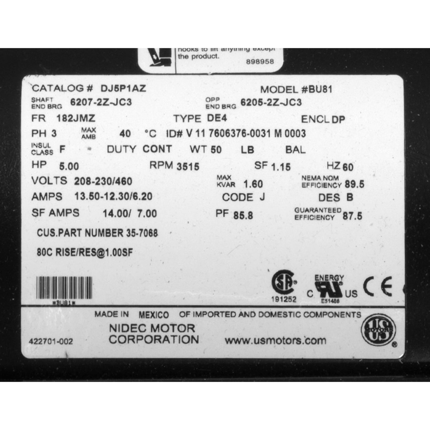 Motor, Nidec, 5.0hp, 208v-230v/460v, 3ph, 1-Spd, EQ Series, Pool