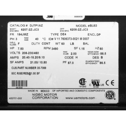 Motor, Nidec, 7.5hp, 208v-230v/460v, 3ph, 1-Spd, EQ Series, Pool
