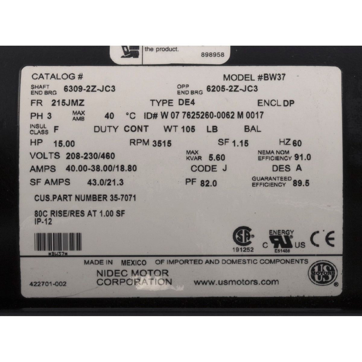 Motor, Nidec, 15.0hp, 208v-230v/460v, 3ph, 1-Spd, EQ Ser, Pool