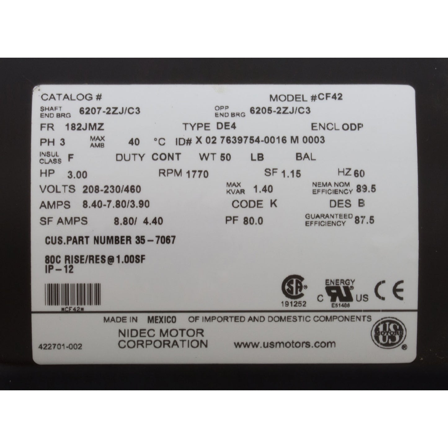 Motor, Nidec, 3.0hp, 208v-230v/460v, 3ph, EQ Series, Waterfall