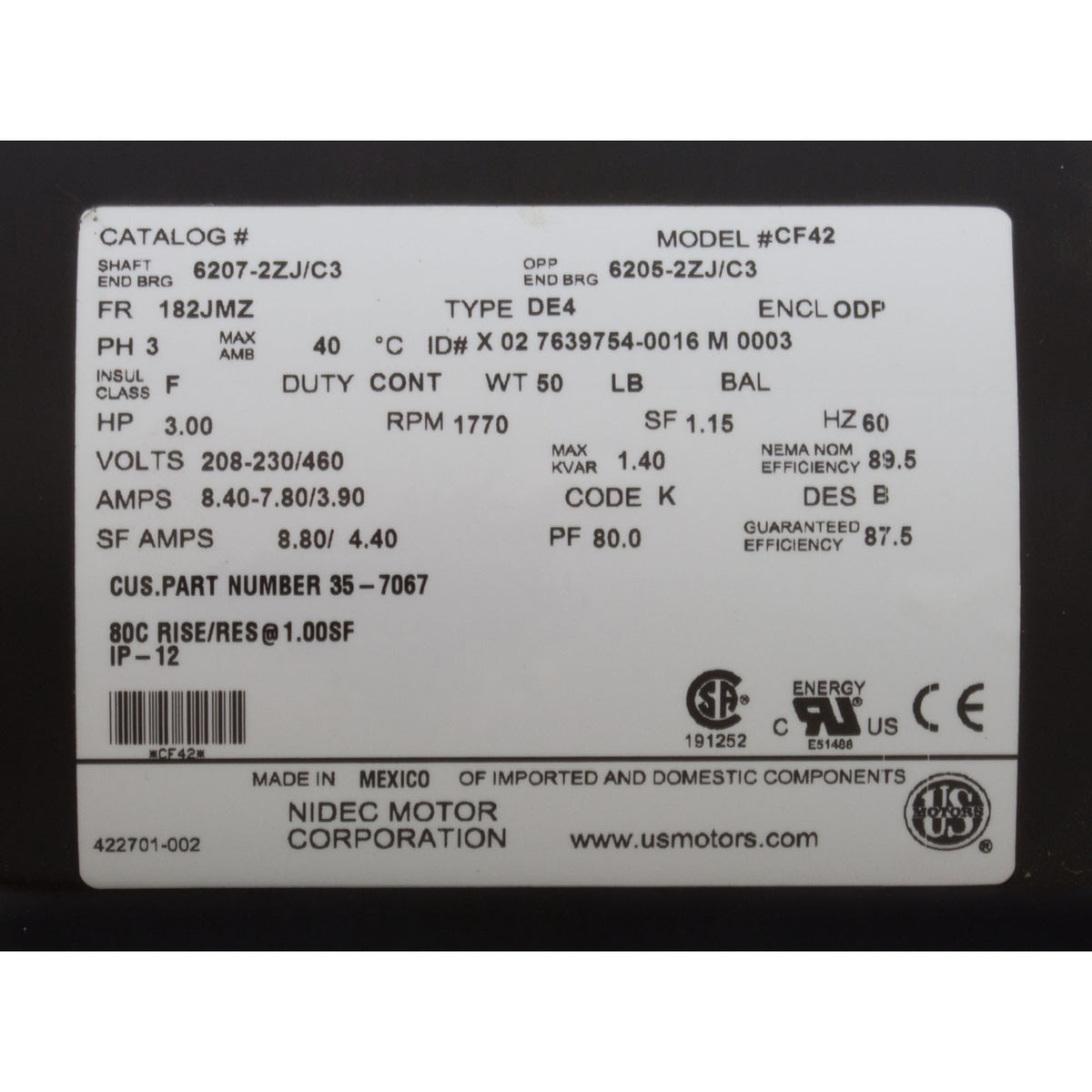 Motor, Nidec, 3.0hp, 208v-230v/460v, 3ph, EQ Series, Waterfall