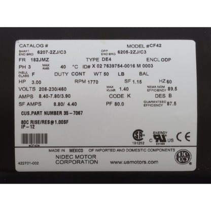 Motor, Nidec, 3.0hp, 208v-230v/460v, 3ph, EQ Series, Waterfall