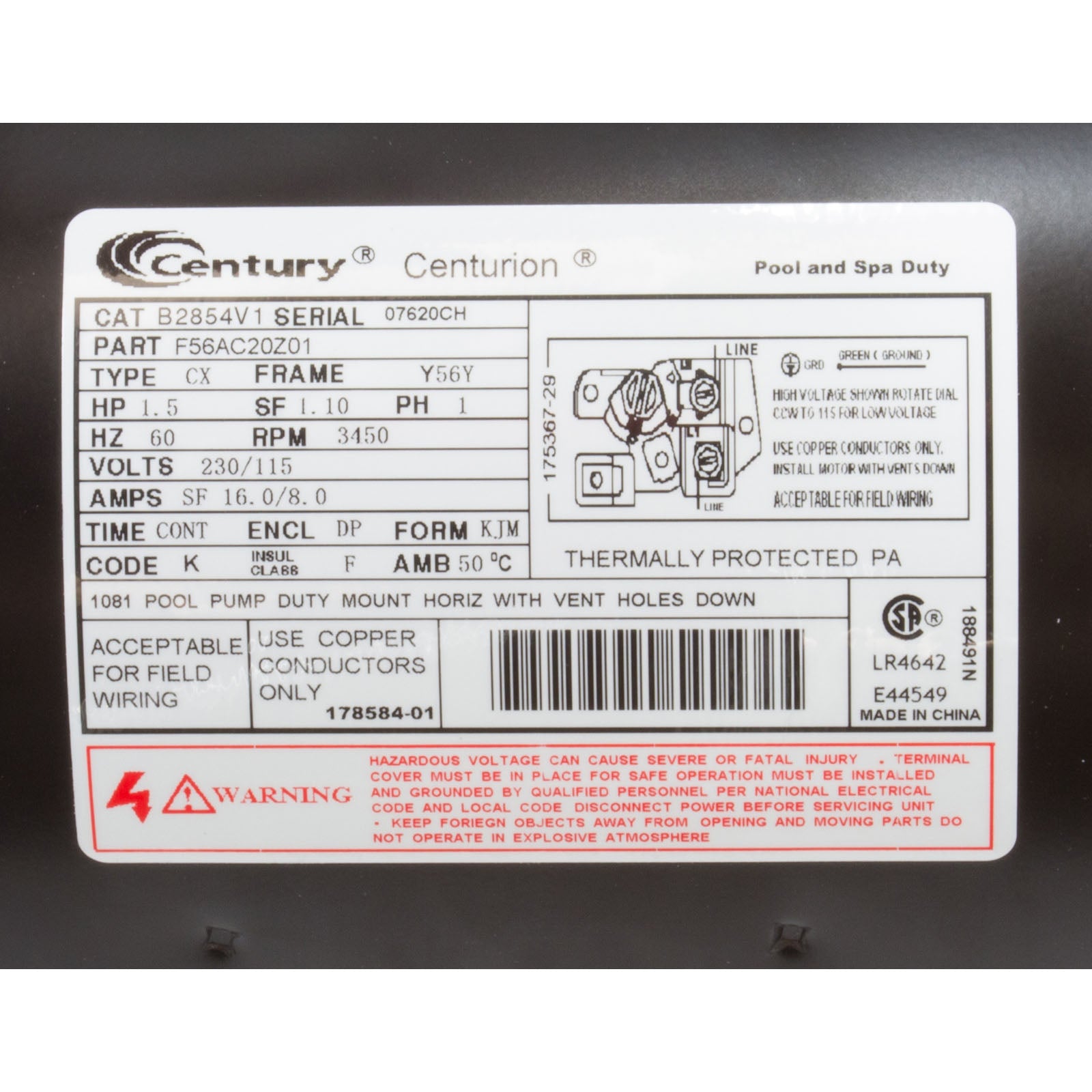 Motor, Century, 1.5hp, 115/230v, 16/8A, 1-Spd, 56Fr