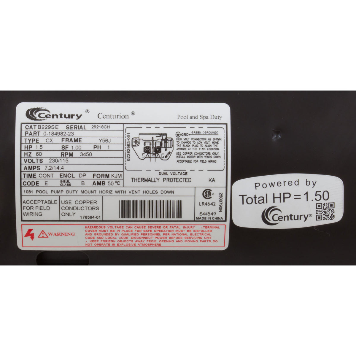 Motor, Century, 1.5hp, 115v/230v, 1-Spd, 56Jfr, Up Rate, C-Face